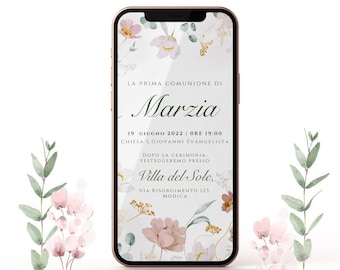 Invitación digital Primera Comunión, Invitación Floral de WhatsApp para Niñas ENVÍO DESDE 08/21