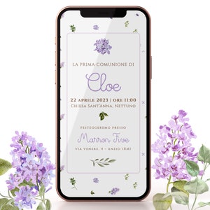 Invito Digitale Prima Comunione lilla, Invito Whatsapp bambina fiori lilla INVIO DAL 21/08
