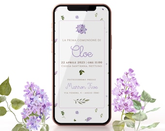 Lilac First Communion Digital Invitation, Whatsapp Invitation for little girl with lilac flowers SENDING FROM 21/08