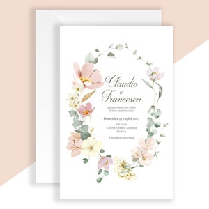 Partecipazioni di matrimonio tema floreale, fiori rosa e pesco, ghirlanda rosa e verde, con busta da lettera