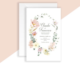 Floral themed wedding invitations, pink and peach flowers, pink and green garland, with letter envelope