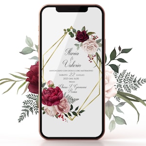 Invito Digitale Matrimonio fiori rossi burgundy, Invito Whatsapp matrimonio INVIO DAL 21/08