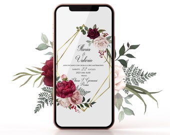 Invito Digitale Matrimonio fiori rossi burgundy, Invito Whatsapp matrimonio INVIO DAL 21/08