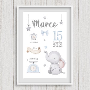 Quadretto nascita personalizzato, poster cameretta elefantino, compleanno, idea regalo compleanno. STAMPATO