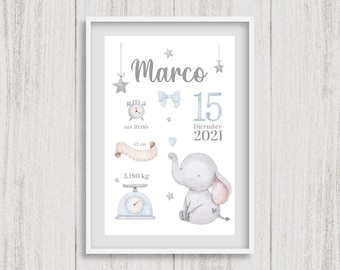 Personalized birth picture, elephant bedroom poster, birthday, birthday gift idea. PRINTED