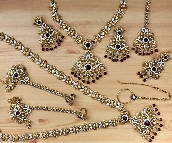 Sacha Gold maroon diamanté bridal set Indian bridal pakistani jewellery