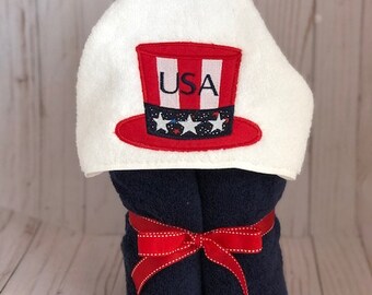 4th of July Child's Hooded Towel/  Patriotic Uncle Sam Hat/Fourth of July Hooded Towel /Personalized/Beach Towel/Bath Towel/ Pool Towel