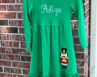 Nutcracker Girl's Green Christmas Dress/Nutcracker Personalized Green Christmas Dress/Toy Soldier Dress/ Long Sleeved Ruffle Dress