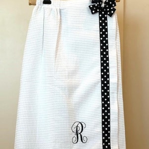 White Adult Waffle Weave Towel Wrap with Grosgrain Ribbon & Monogram/Personalized Towel Wrap/Monogrammed Towel Wrap/Embroidered Spa Wrap