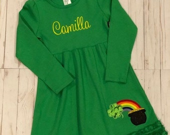 Personalized St. Patrick's Day Girl's Green Dress, St. Patrick's Day Dress, Pot of Gold with Rainbow, Girl's Green Dress