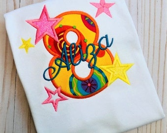 Girl's Stars Birthday Embroidered Shirt/Girl's 8th Stars Birthday Shirt/Girl's Birthday Shirt/Stars Birthday Shirt