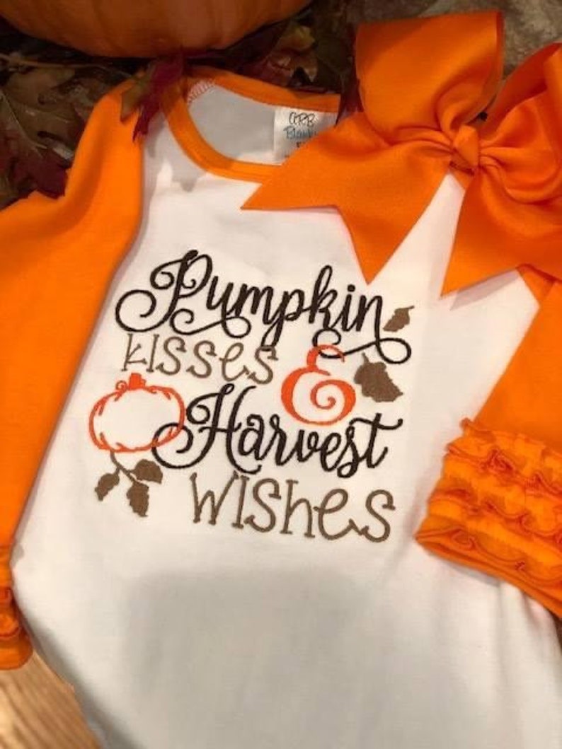 Girl's Fall Pumpkin Kisses and Harvest Wishes Raglan Shirt/Pumpkin Shirt/Ruffle Sleeve Raglan Shirt image 1