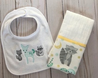 Woodland Animal Baby Bib and Burp Cloth Set/Baby Bib and Burp Cloth Set/Baby Gift Set/Gender Neutral Baby Gift Set/Baby Shower Gift