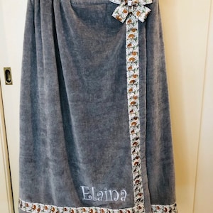 Gray Adult Towel Wrap with Grosgrain Ribbon Trim & Monogram/Personalized Towel Wrap/Monogrammed Towel Wrap/Embroidered Spa Wrap