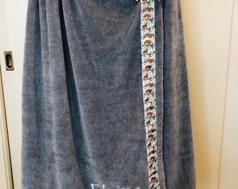 Gray Adult Towel Wrap with Grosgrain Ribbon Trim & Monogram/Personalized Towel Wrap/Monogrammed Towel Wrap/Embroidered Spa Wrap
