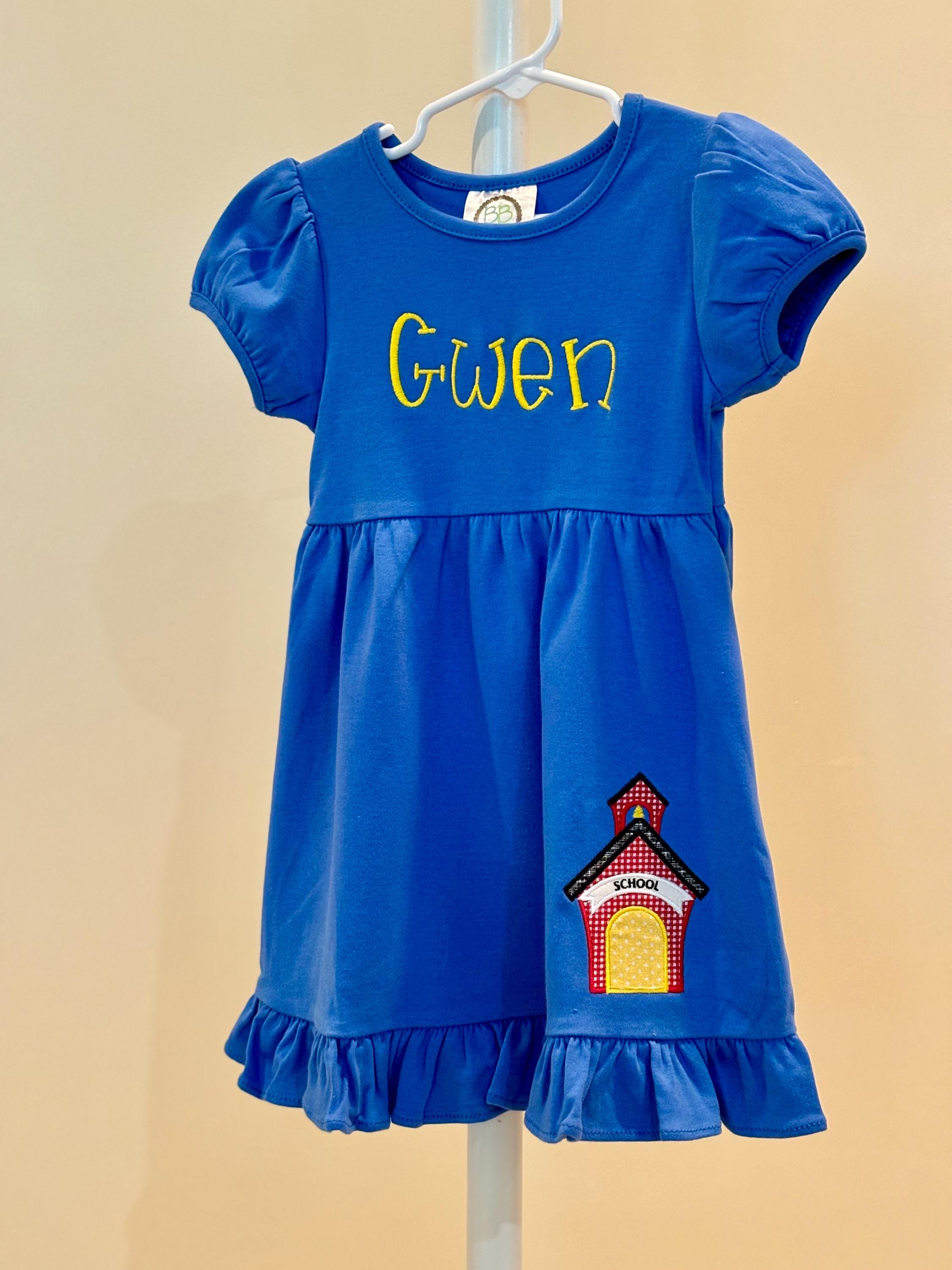 Personalized First Day of School Blue Dress, Back to School Girl's Dress, School House, Girl's Blue Dress