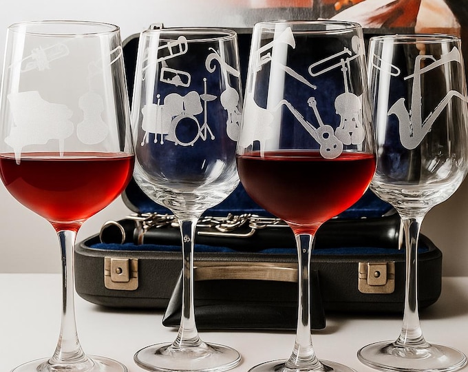 Etched Jazz Music Wine Glass Set of 4 – Engraved 16oz Musician Barware, Gift for Jazz Lovers & Music Enthusiasts
