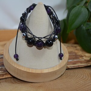 Pulsera Trinity de protección para personas empáticas/meditación con amatista facetada, turmalina negra y hematita.