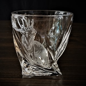 Hand Engraved Elk on a Crystal Twisted Whiskey Glass. Free Shipping & Handling