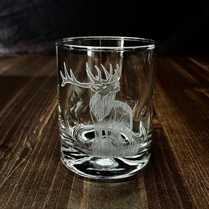 Hand Engraved Elk on a Double Old Fashioned Glass with Indentions for Easy Holding. Great Cocktail Glass 12.5oz Capacity. Free Shipping