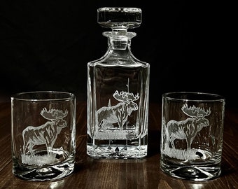 Hand Engraved Glass Square Decanter with a Moose on the Front & Trees with Birds around the 26oz Decanter. Optional Glasses Available