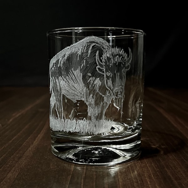 Hand Engraved Bison on a Double Old Fashioned Glass w/ Indentions for Easy Grip. 12.5oz Cocktail Glass. Free Shipping & Handling