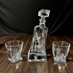 Hand Engraved Elk on a Crystal Twisted Whiskey Decanter with 2 Twisted Crystal Glasses. Great Housewarming or Father's Day Gift. Ships Free.