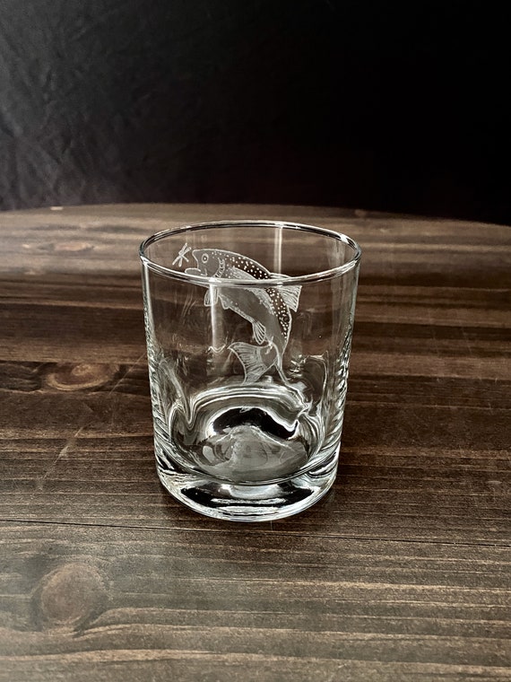 Hand Engraved Fish and Fly on a Double Old Fashioned Glass With