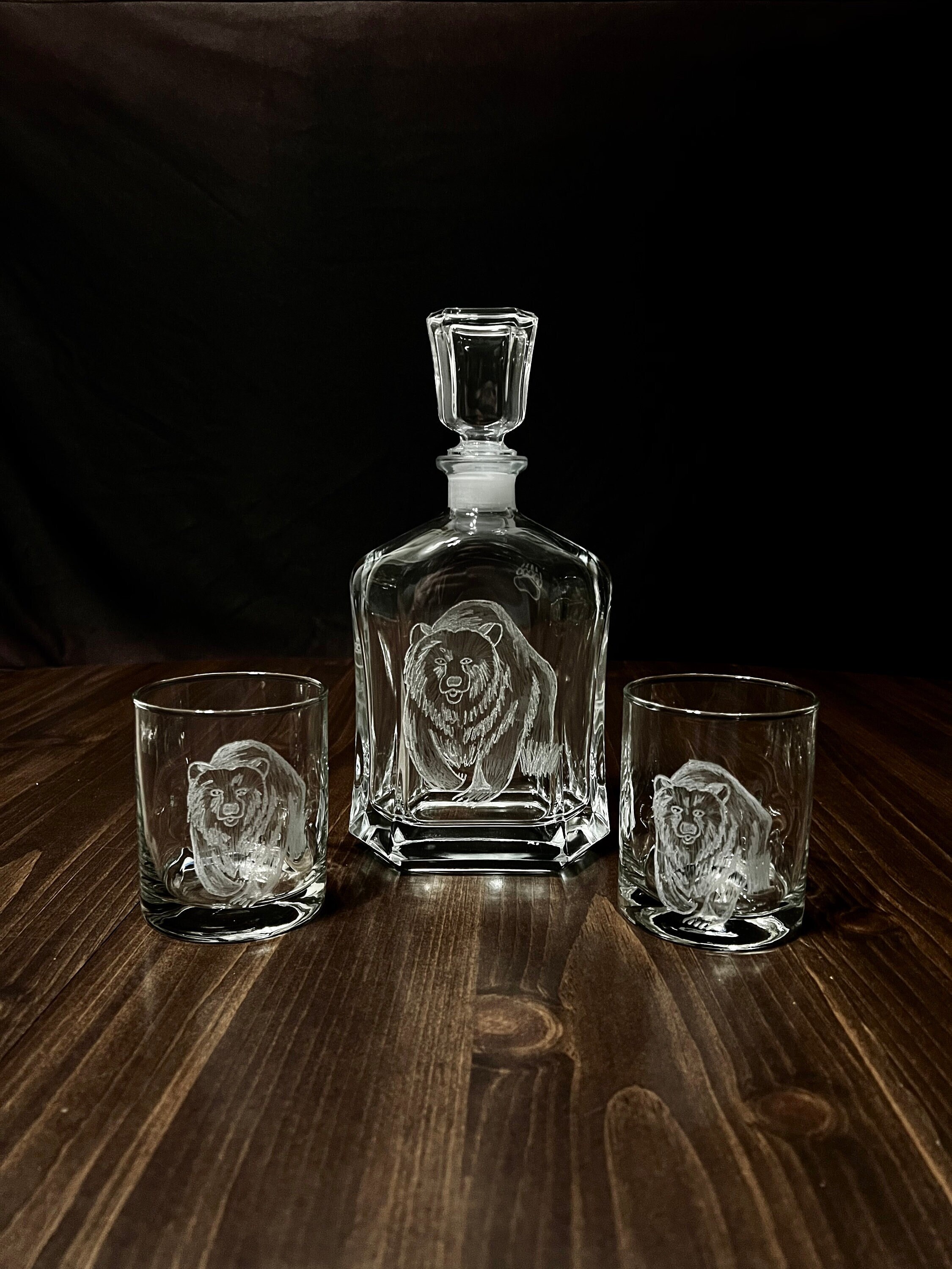 Hand Engraved Glass Decanter with a Grizzly Bear on the Front & Paw Prints on the Back. Whiskey, Bourbon, Vodka, Mouthwash. Glasses Optional
