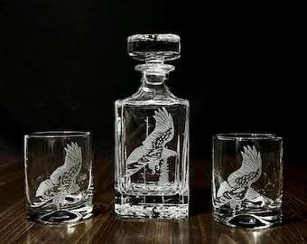 Hand Engraved Glass Square Decanter with an Eagle on the Front & Trees with Birds around the 26oz Decanter. Short Indented Glasses Available