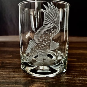 Hand Engraved Eagle on a Double Old Fashioned Glass with Indentions for Easy Holding. Great Cocktail Glass 12.5oz Capacity.
