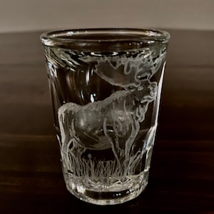Hand Engraved Moose on a 2oz Shot Glass