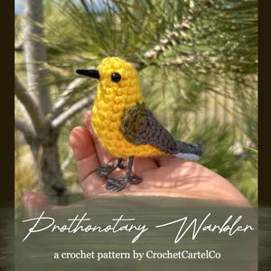 May include: A handmade crochet Prothonotary Warbler bird with yellow body, gray wings, and black beak. The bird is perched on a hand. The text "Prothonotary Warbler" and "a crochet pattern by CrochetCartelCo" are visible.