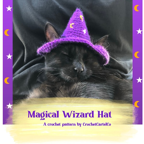 Magical Wizard Hat Written Crochet Pattern | Halloween Crochet Hat for Pet Cat with Ear Holes | Cat Costume | INSTANT DOWNLOAD | PDF