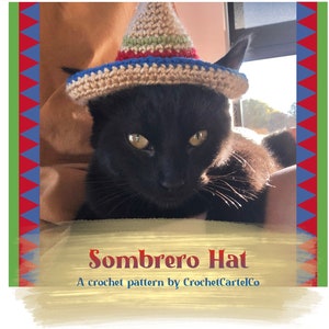 Modèle écrit au crochet avec chapeau sombrero chat | Bonnet au crochet pour chat avec trous pour les oreilles | Déguisement chapeau de fiesta | Cinco de Mayo | TÉLÉCHARGEMENT IMMÉDIAT | PDF
