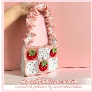 Strawberries n Cream Mini Grandma Square Bag CROCHET PATTERN Modèle de sac à main au crochet aux fraises Cottagecore Convient aux débutants PDF image 1