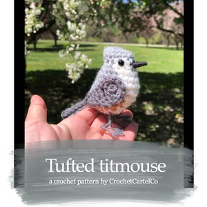 May include: A crocheted tufted titmouse bird with gray, white, and orange details. The bird has a small black beak and is perched on a surface. The text "Tufted titmouse" and "a crochet pattern by CrochetCartelCo" are displayed.