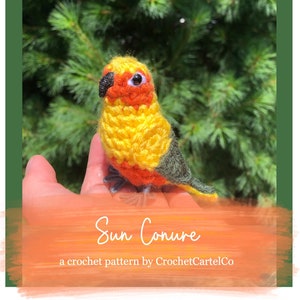 May include: A crocheted Sun Conure bird, a crochet pattern by CrochetCartelCo. The bird is yellow, orange, and green with black eyes. The bird is sitting on a hand.