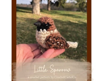 Op de afbeelding: Een gehaakte mus met bruin, wit en zwart garen. De mus wordt in de hand van iemand gehouden. De tekst "Little Sparrow" en "a crochet pattern by CrochetCartelCo" staat onder de mus.