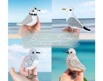May include: Crochet patterns for four different beach birds. The birds are a seagull, a plover, and two sandpipers. The patterns are available for purchase as a collection.