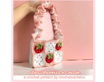 Strawberries n Cream Mini Grandma Square Bag CROCHET PATTERN | Modèle de sac à main au crochet aux fraises Cottagecore | Convient aux débutants | PDF
