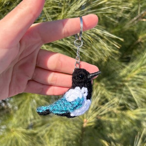 Tiny Birdies Eurasian Magpie Keychain | Crochet Bird Keychain | Bird Lover Gift | Black-Billed Magpie | Crochet Amigurumi | Physical Item