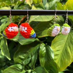 Scarlet Macaw & Green Quaker Parrot Crochet Earrings  | Tropical, Exotic, Colorful Bird | Monk Parakeet | Handmade Jewelry | Cute Gift