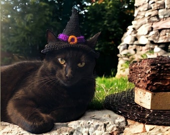 Crochet Cat Witch Hat | Halloween Crochet Hat for Pet Cat with Ear Holes | Cat Costume | Crochet Cat Hat | Halloween Costume | PHYSICAL ITEM
