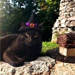 Crochet Cat Witch Hat | Halloween Crochet Hat for Pet Cat with Ear Holes | Cat Costume | Crochet Cat Hat | Halloween Costume | PHYSICAL ITEM