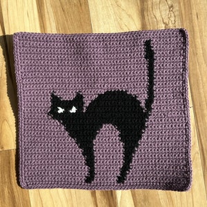 Pode incluir: Uma almofada de croch&ecirc; roxa com uma silhueta de gato preto. O gato tem olhos brancos e est&aacute; em posi&ccedil;&atilde;o de agachamento.