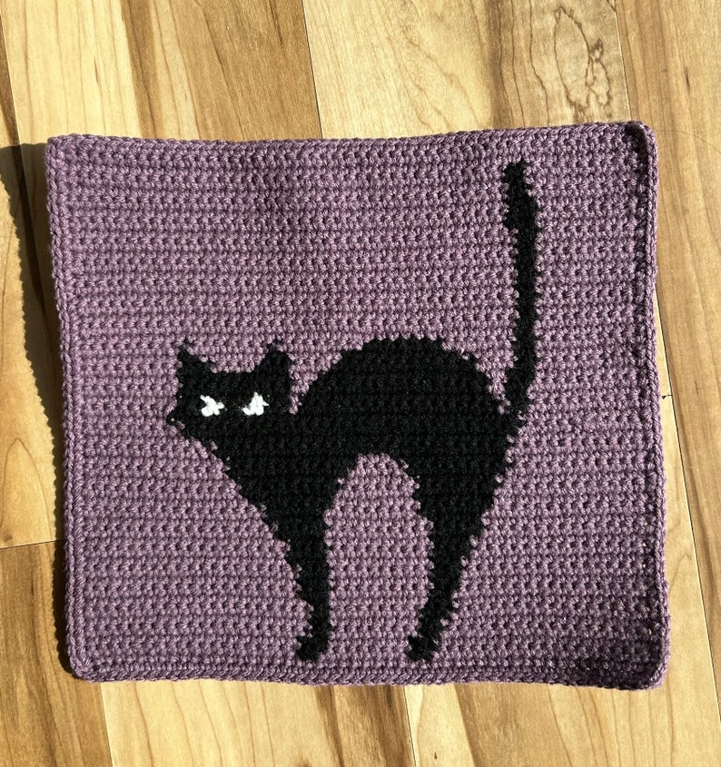 Pode incluir: Uma almofada de croch&ecirc; roxa com uma silhueta de gato preto. O gato tem olhos brancos e est&aacute; em posi&ccedil;&atilde;o de agachamento.