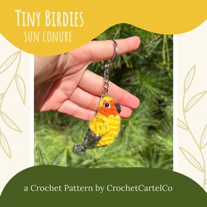 May include: A crocheted sun conure bird keychain. The bird is yellow, orange, and gray, with a silver keychain ring. The text "Tiny Birdies Sun Conure" is at the top, and "a Crochet Pattern by CrochetCartelCo" is at the bottom.