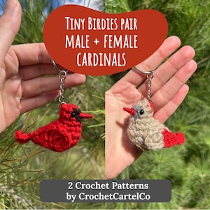 May include: Two crochet cardinal keychains, one red and one gray, are held up against a green background. The red cardinal has a black beak, and the gray cardinal has a red beak. Text reads "Tiny Birdies Pair Male + Female Cardinals".