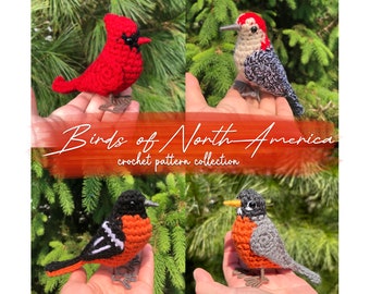 May include: Crochet patterns for four North American birds: a cardinal, a red-bellied woodpecker, a Baltimore oriole, and a robin. The patterns are available as a collection.